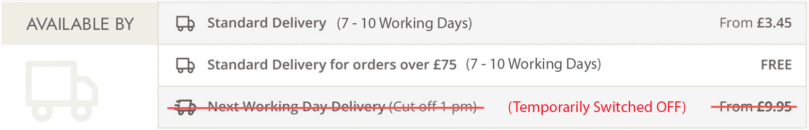 Delivery times 4 - 7 working days with next day delivery
