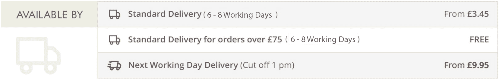 Delivery times 6 - 8 working days